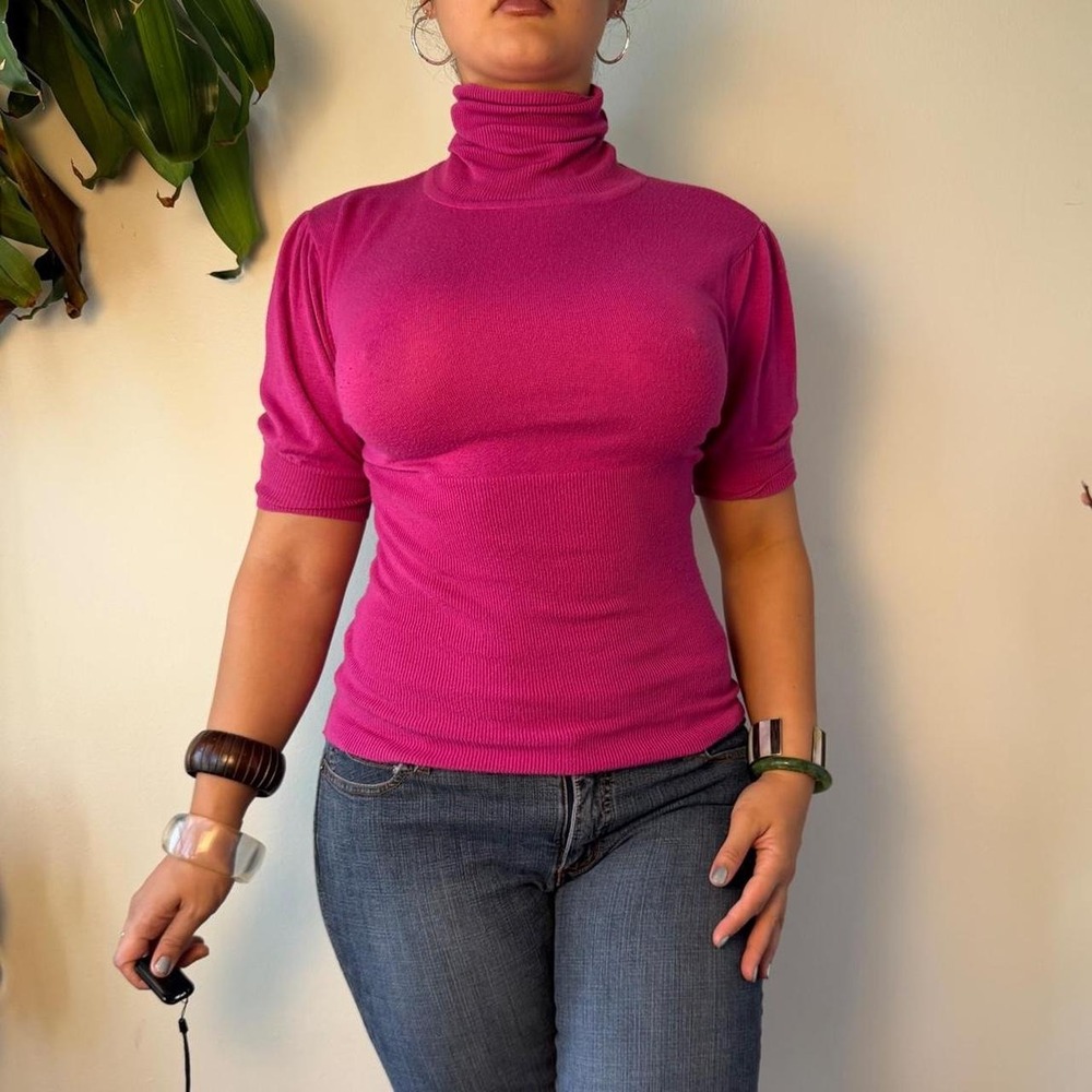 Sele Womens Magenta Pink Funnel Neck Puff Sleeve Keyhole Sweater Large ZEB77371
